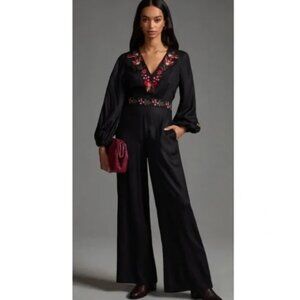Farm Rio Embroidered Black Jumpsuit with Floral Embroidery Size S